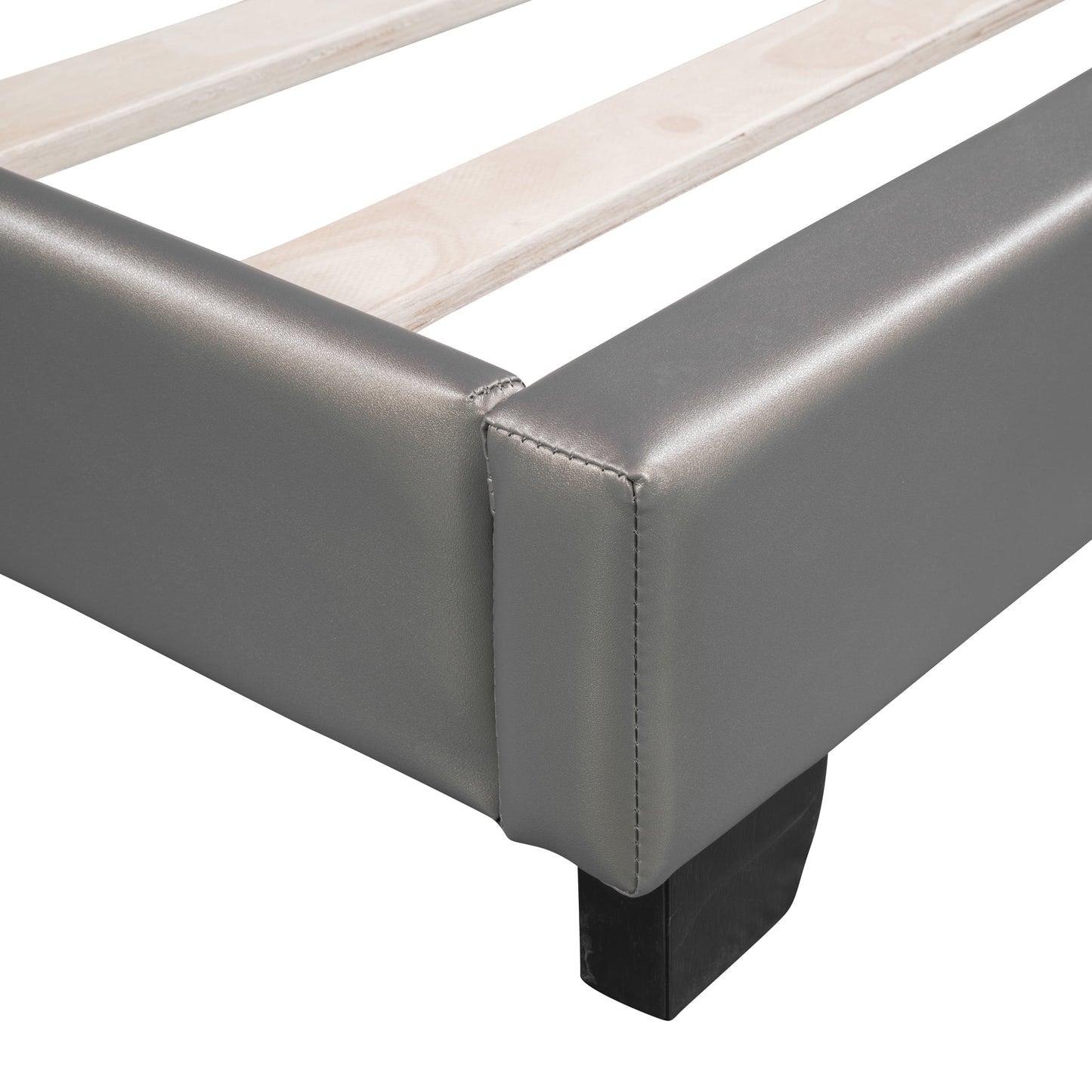 Upholstered Bed with Bunny Ears Headboard for Kids, Faux Leather Twin Platform Bed Frame, Gray