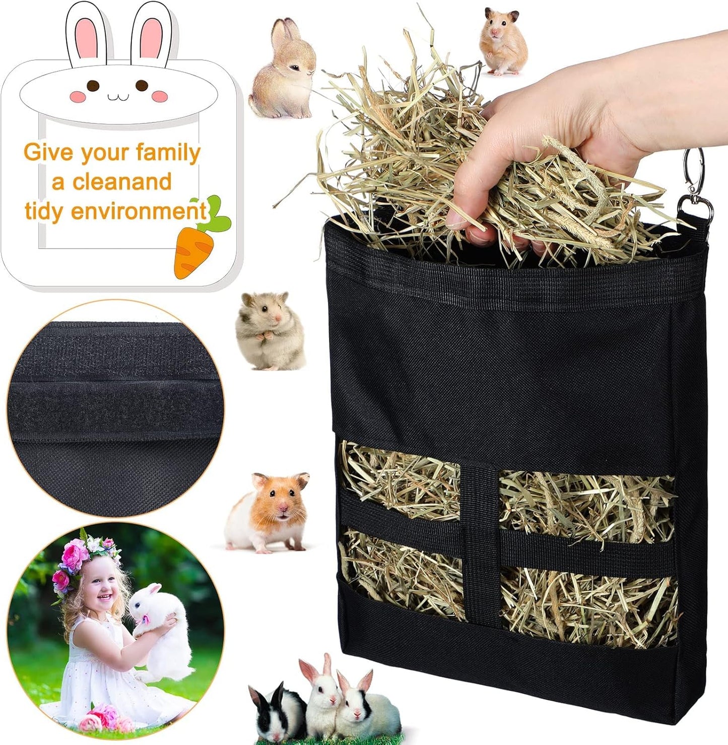 2 Pcs Guinea Pig Hay Bag for Guinea Pigs Hay Bag for Rabbits Guinea Pig Hay Feeder Small Animal Hay Feeder Hanging Feeder Sack for Chinchilla Hamsters Small Animals Hay (Black)