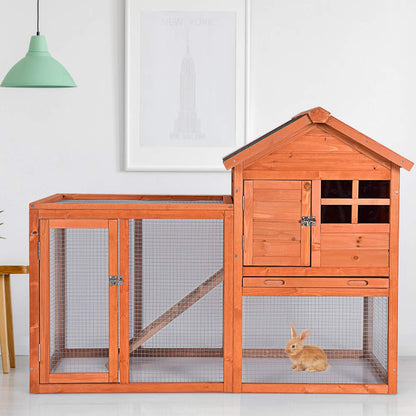 Rabbit Hutch, Indoor Outdoor Bunny Cage with Run, Wooden Rabbit Cage with Waterproof Roof & Pull Out Tray, Chicken Coop Pet House for Rabbits, Chicken and Guinea Pigs (Natural)