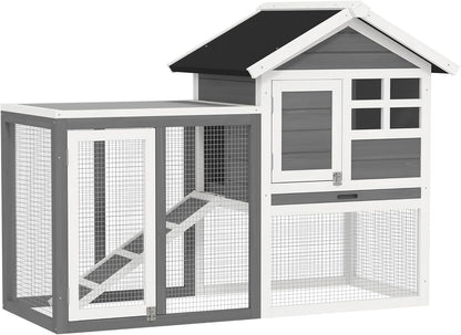 48" Wooden Rabbit Hutch Bunny Cage with Waterproof Asphalt Roof, Fun Outdoor Run, Removable Tray and Ramp, Grey