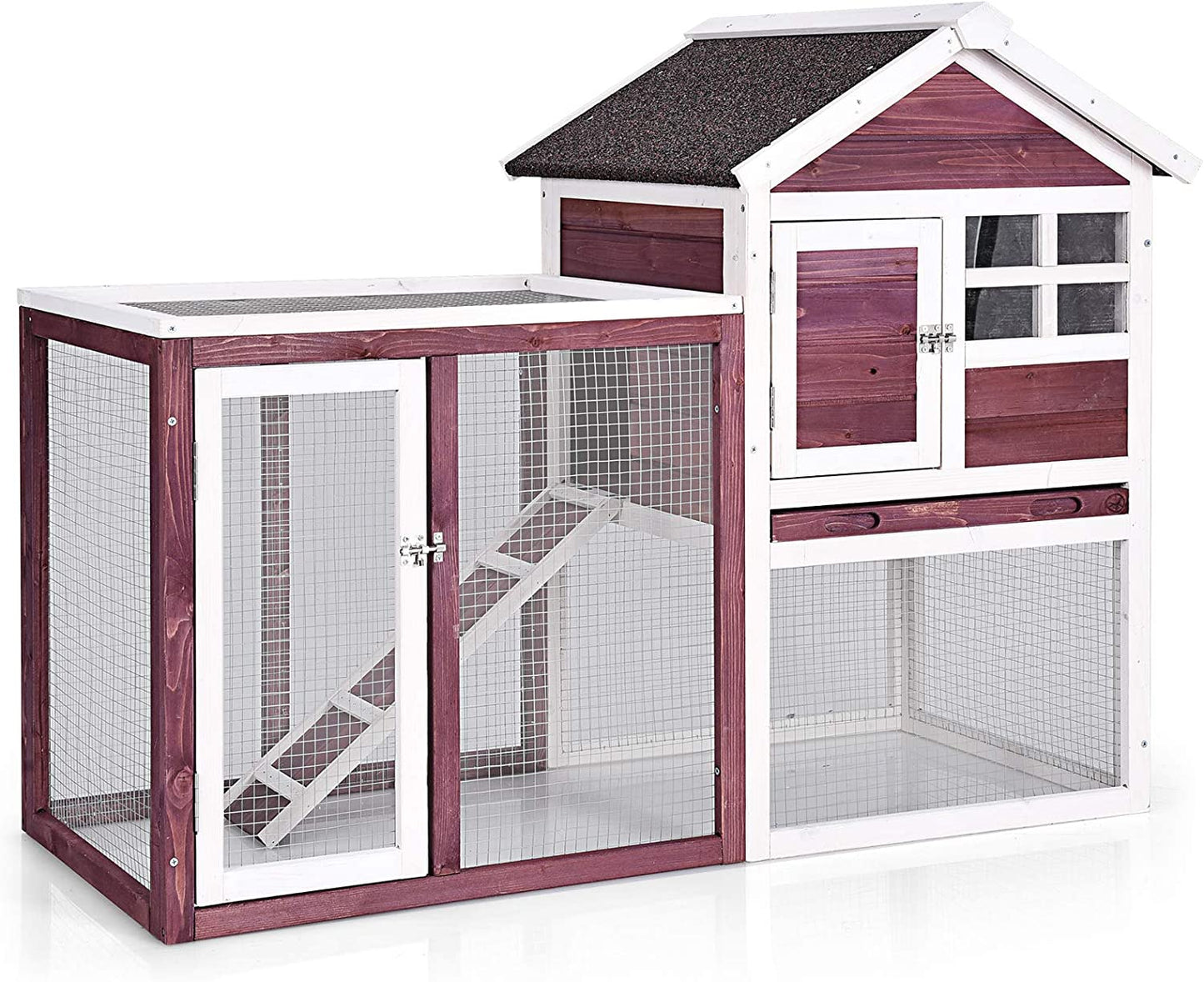 Rabbit Hutch, Indoor Outdoor Bunny Cage with Run, Wooden Rabbit Cage with Waterproof Roof & Pull Out Tray, Chicken Coop Pet House for Rabbits, Chicken and Guinea Pigs (White)