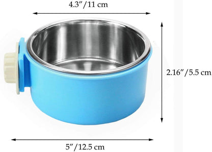 Dog Bowl Feeder Pet Puppy Food Water Bowl, 2-In-1 Plastic Bowl & Stainless Steel Bowl, Removable Hanging Cat Rabbit Bird Food Basin Dish Perfect for Crates & Cages, Blue