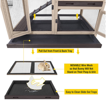 Wooden Rabbit Hutch with Two Slide Tray Outdoor Bunny Cage Indoor Guinea Pig Habitat Pet House for Small Animals - Coffee