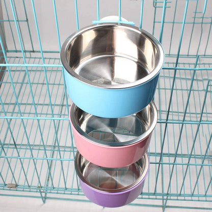 Dog Bowl Feeder Pet Puppy Food Water Bowl, 2-In-1 Plastic Bowl & Stainless Steel Bowl, Removable Hanging Cat Rabbit Bird Food Basin Dish Perfect for Crates & Cages, Blue