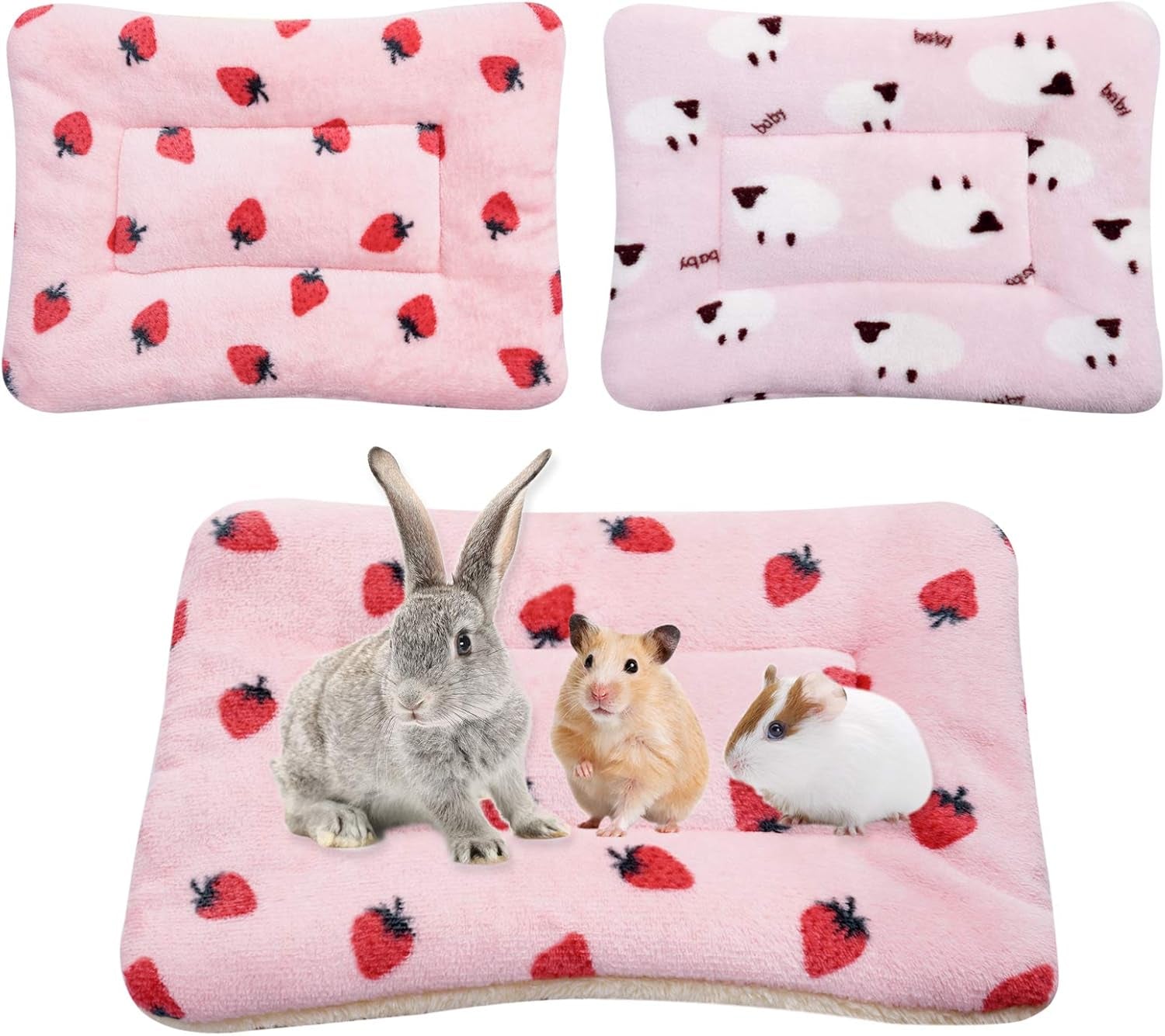 2Pcs Small Animal Plush Bed, Guinea Pig Hamster Rabbit Bed Mat for Bunny,Chinchilla,Squirrel,Hedgehog 12X14Inch (Strawberry&Sheep)