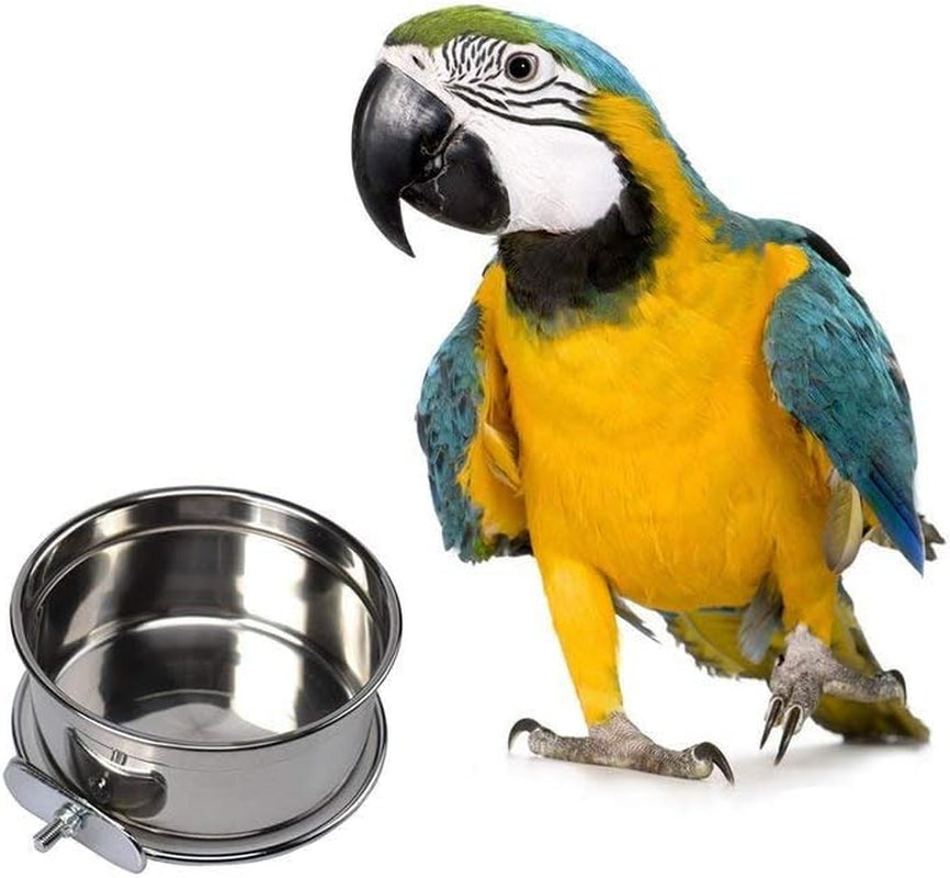 Bird Parrot Feeding Cups with Clamp Holder Stainless Steel Coop Cup Food Water Bowls Dish Feeder for Cockatiel Conure Parakeet Chinchilla Hummingbird