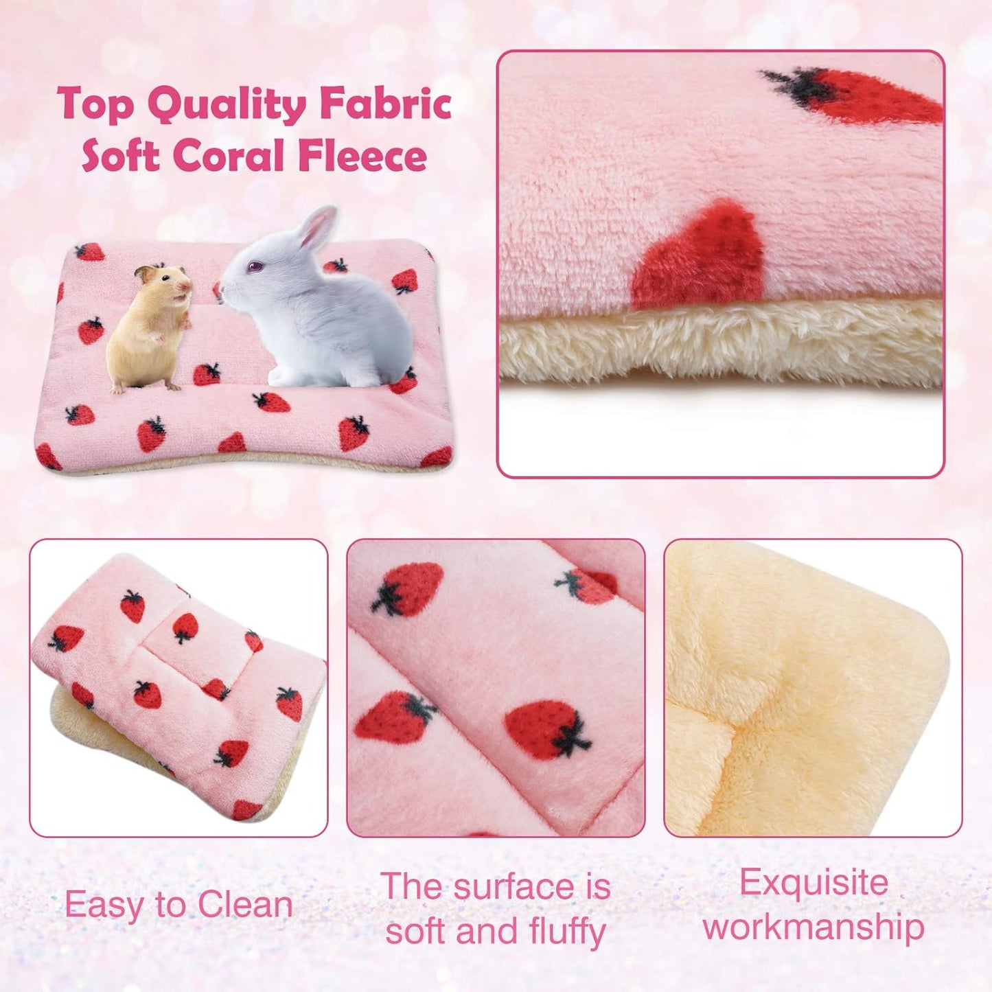 2Pcs Small Animal Plush Bed, Guinea Pig Hamster Rabbit Bed Mat for Bunny,Chinchilla,Squirrel,Hedgehog 12X14Inch (Strawberry&Sheep)