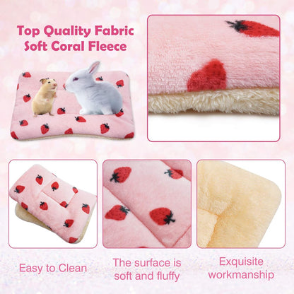 2Pcs Small Animal Plush Bed, Guinea Pig Hamster Rabbit Bed Mat for Bunny,Chinchilla,Squirrel,Hedgehog 12X14Inch (Strawberry&Sheep)
