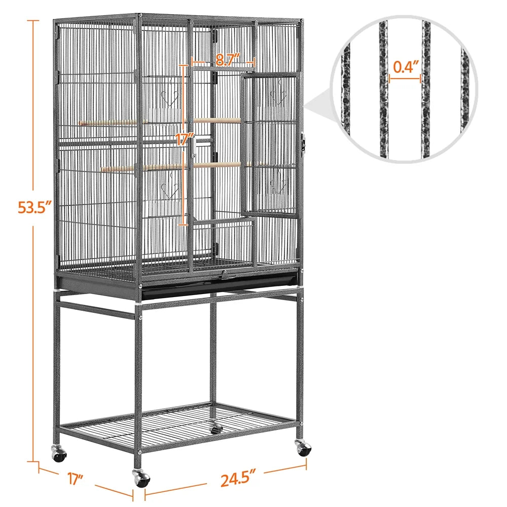 54"H Large Rolling Metal Pet Cage for Birds or Small Animal, Black