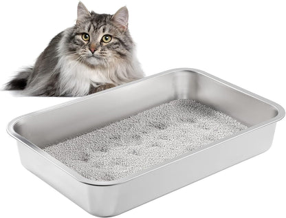 Stainless Steel Litter Box for Cat and Rabbit,Odor Control Litter Pan,Non Stick Easy to Clean,Never Bend,Rust Proof High Sides Non Slip Rubber Feets (4 Inches Deep, 24'' X 16'' X 4'')