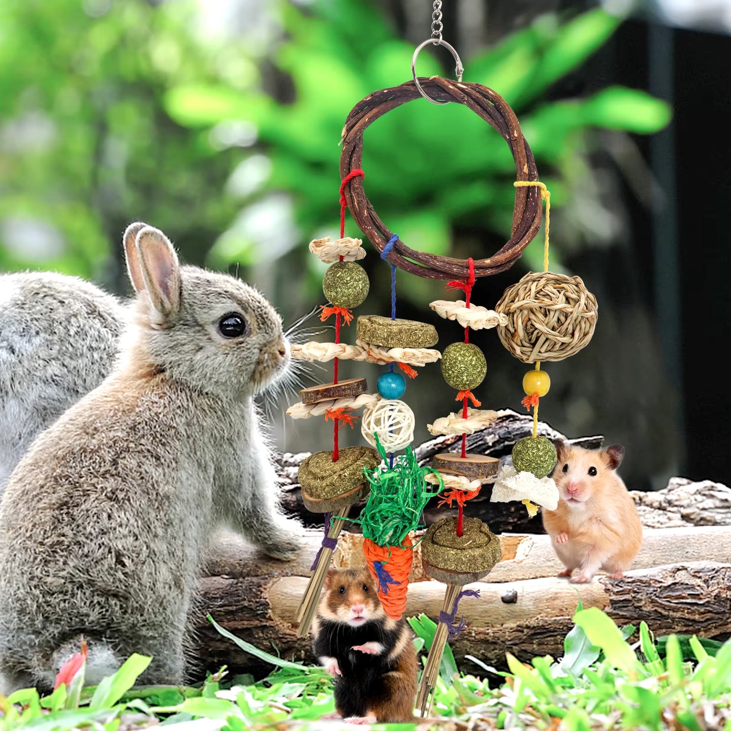 Rabbit Chew Toy Rabbits Cage Hanging Toys Rattan Ring Treats Grinding Teeth for Small Animals Guinea Pigs Hamsters Rabbits Rats