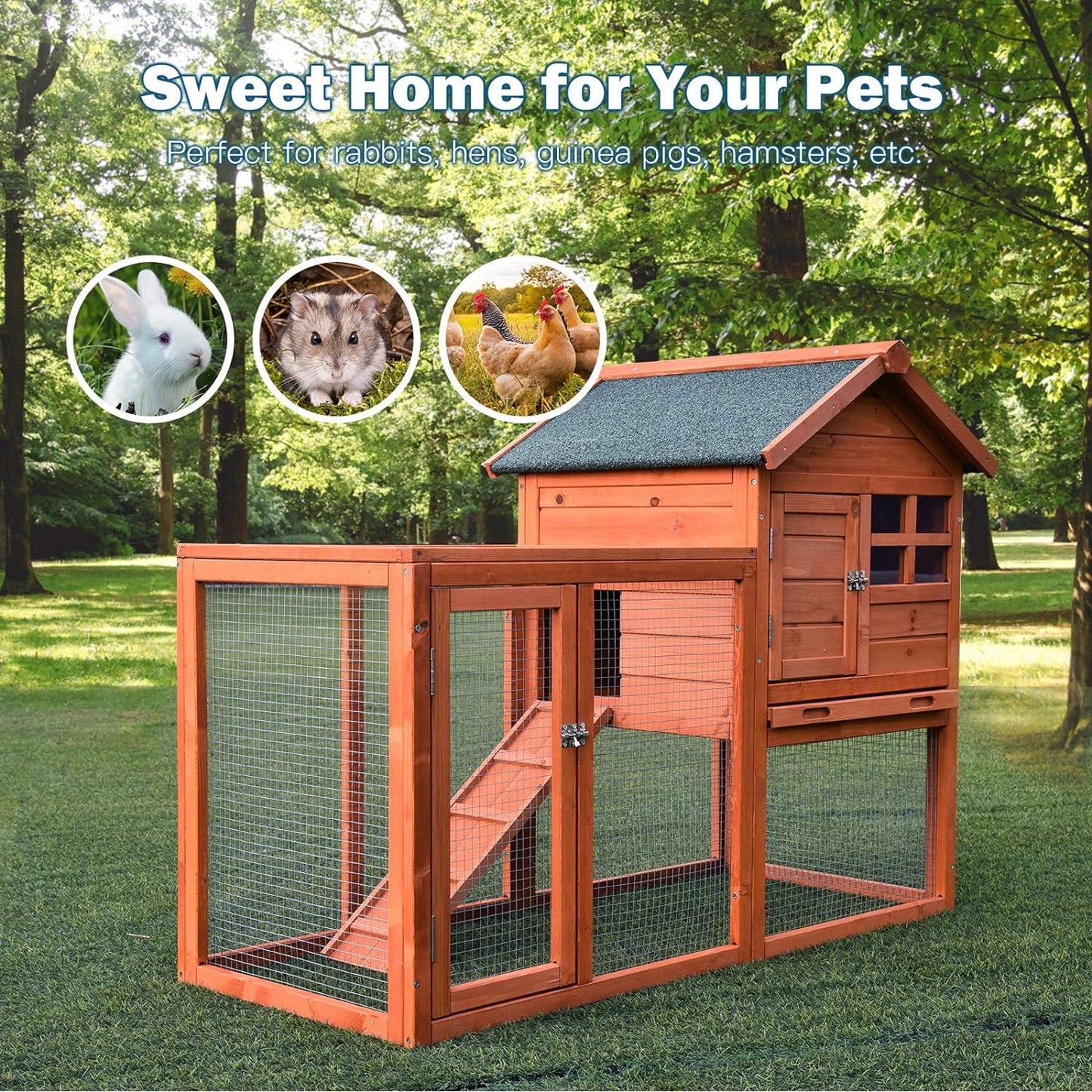 Rabbit Hutch, Indoor Outdoor Bunny Cage with Run, Wooden Rabbit Cage with Waterproof Roof & Pull Out Tray, Chicken Coop Pet House for Rabbits, Chicken and Guinea Pigs (Natural)