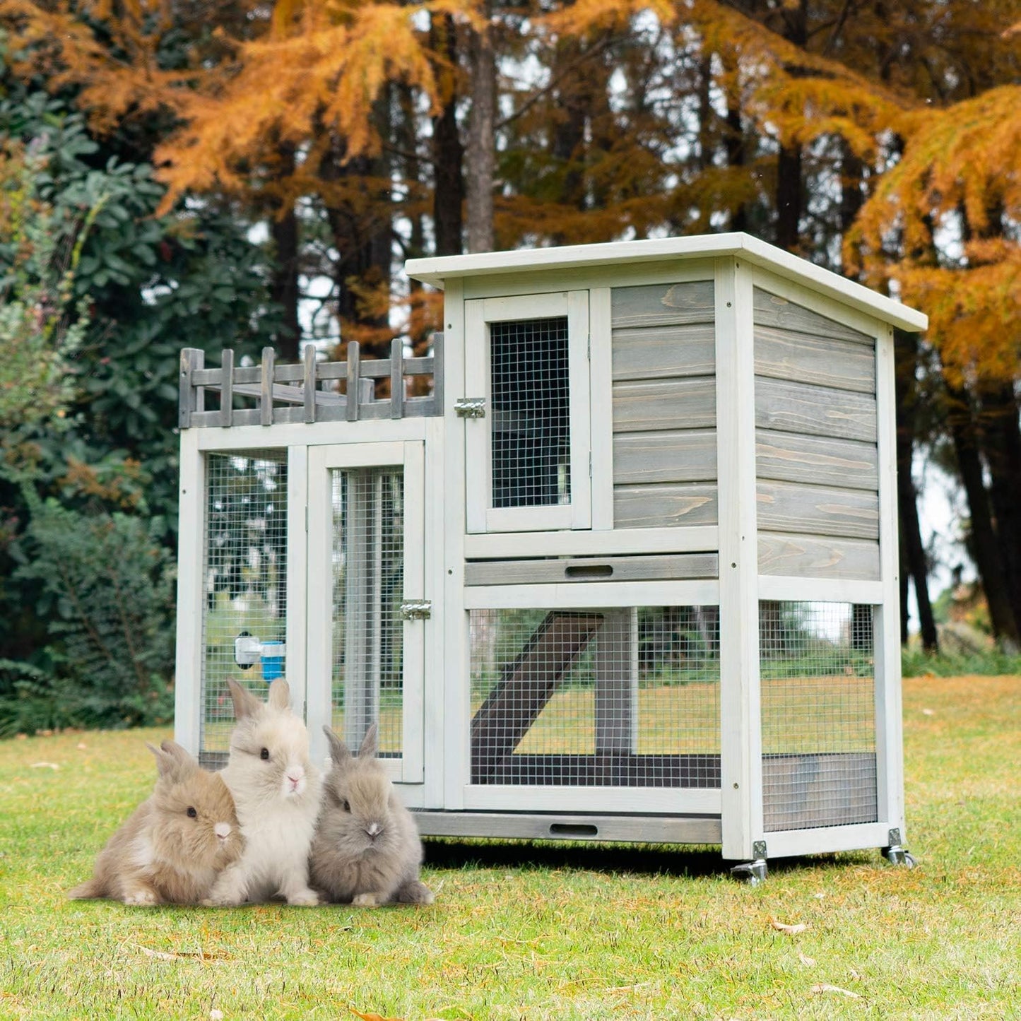 Rabbit Hutch Indoor and Outdoor Bunny Cage on Wheels Guinea Pig Cage Deep No Leak Pull Out Tray Coop Bunny Cage Guinea Pig House with Stair Waterproof