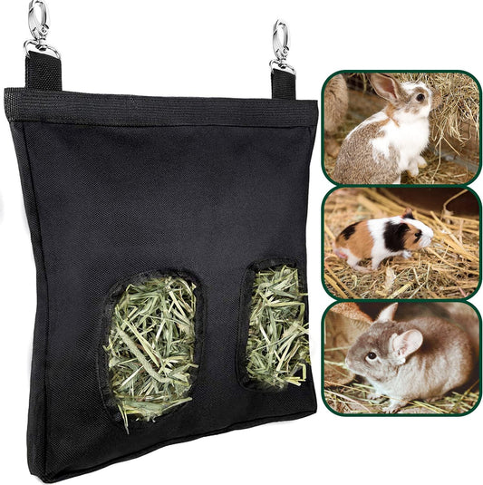 Rabbit Hay Feeder Bag, Guinea Pig Hay Feeder Storage with 2 Holes, Large Capacity Hay Bag Hanging Feeder ,600D Oxford Cloth Fabric(Black)