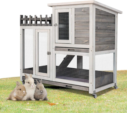 Rabbit Hutch Indoor and Outdoor Bunny Cage on Wheels Guinea Pig Cage Deep No Leak Pull Out Tray Coop Bunny Cage Guinea Pig House with Stair Waterproof