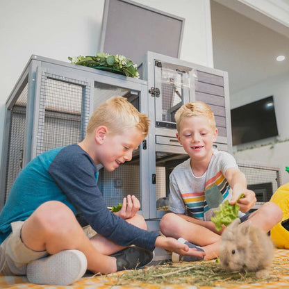 Wooden Bunny Hutch Indoor- Outdoor Rabbit Guinea Pig Cage for Small Animals with Exclusive Two Trays & Bottom Wire Mesh (Grey)