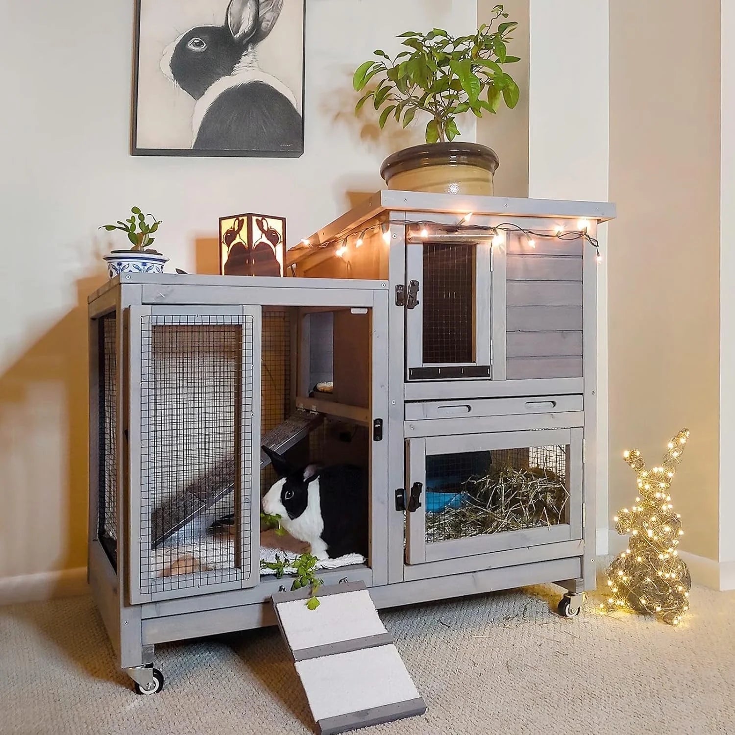 Wooden Bunny Hutch Indoor- Outdoor Rabbit Guinea Pig Cage for Small Animals with Exclusive Two Trays & Bottom Wire Mesh (Grey)