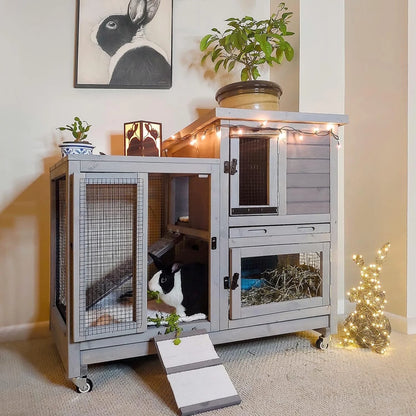 Wooden Bunny Hutch Indoor- Outdoor Rabbit Guinea Pig Cage for Small Animals with Exclusive Two Trays & Bottom Wire Mesh (Grey)