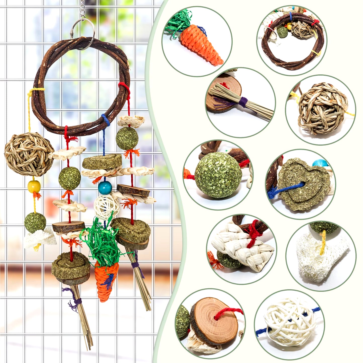 Rabbit Chew Toy Rabbits Cage Hanging Toys Rattan Ring Treats Grinding Teeth for Small Animals Guinea Pigs Hamsters Rabbits Rats