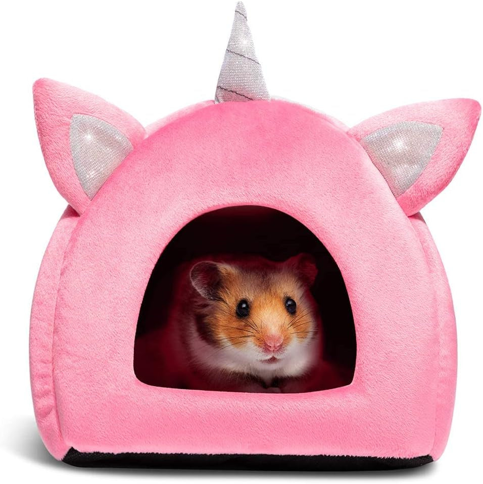 Warm Small Pet Animals Bed Dutch Pig Hamster Nest Hedgehog Rat Chinchilla Guinea Habitat Mini House, Pink Unicorn