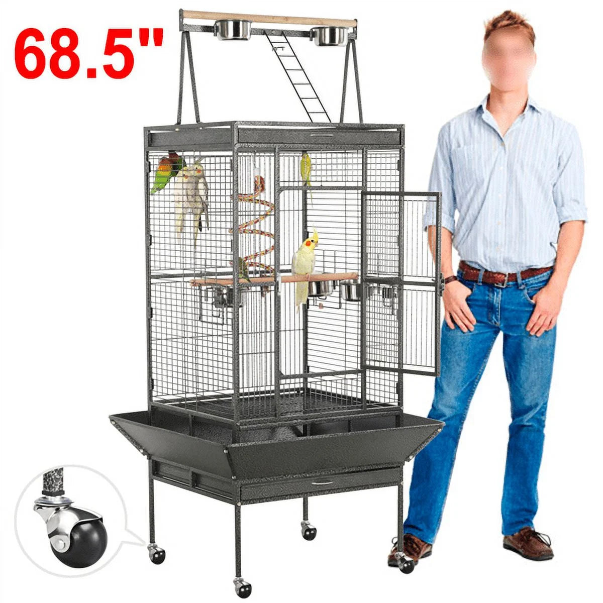 68.5'' H Metal Rolling Bird Cage Parrot Cage,Black