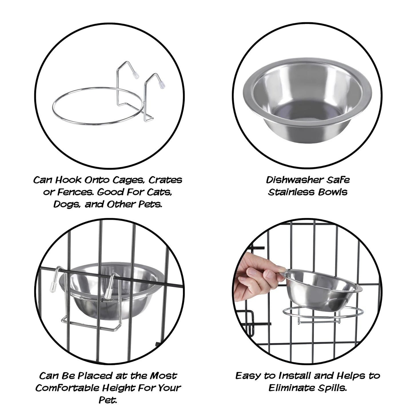 Set of 2 Stainless-Steel Hanging Dog Bowls - 8Oz Each