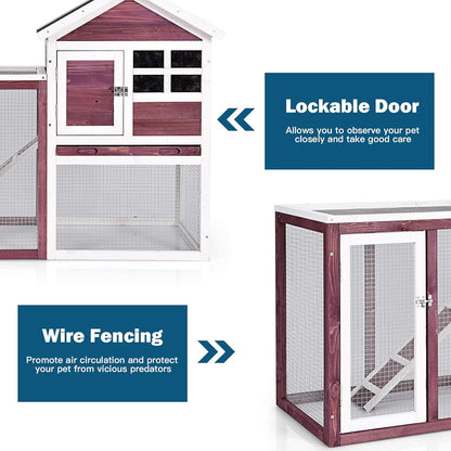 Rabbit Hutch, Indoor Outdoor Bunny Cage with Run, Wooden Rabbit Cage with Waterproof Roof & Pull Out Tray, Chicken Coop Pet House for Rabbits, Chicken and Guinea Pigs (White)