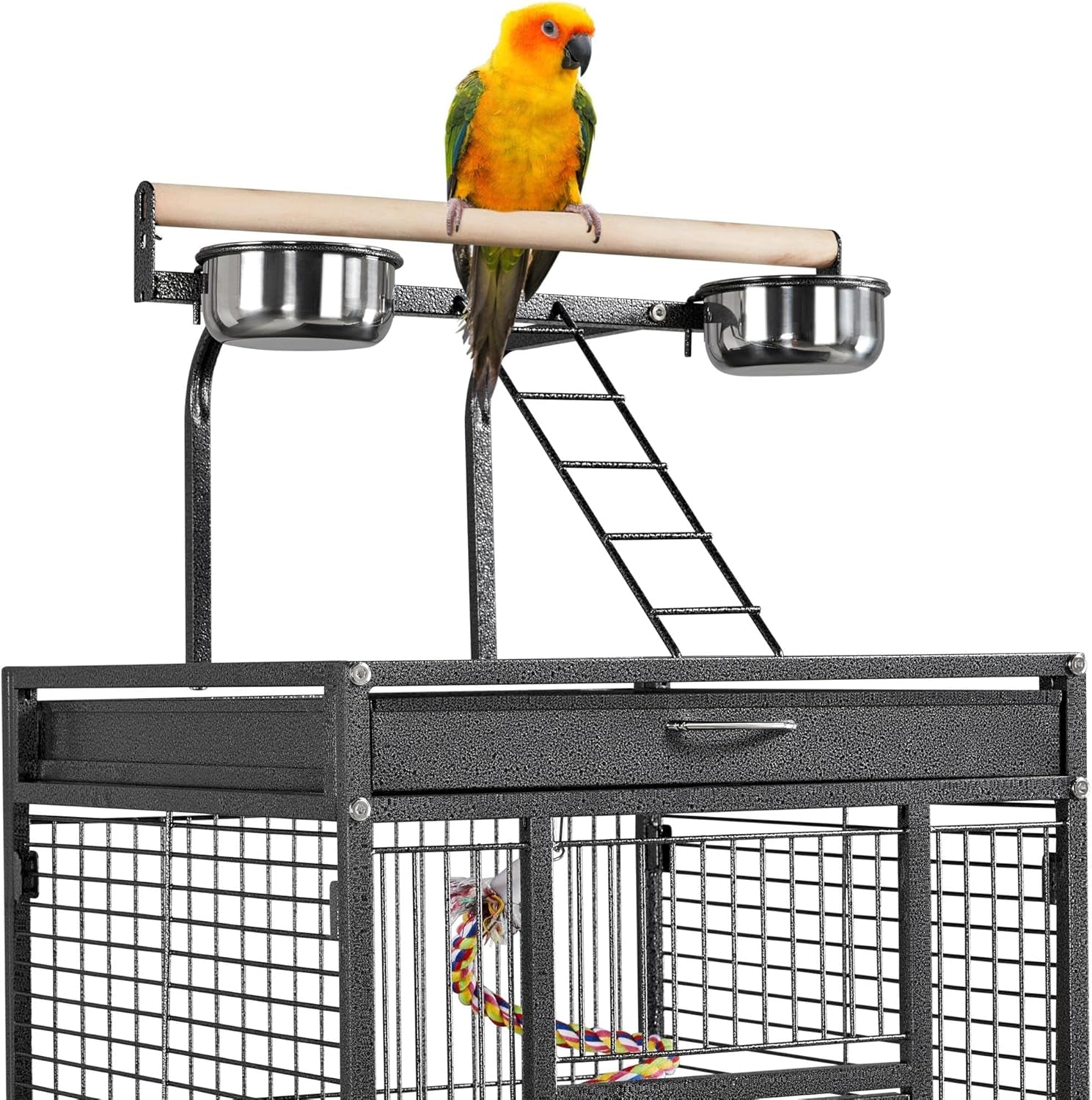 61-Inch Playtop Wrought Iron Large Parrot Bird Cages with Rolling Stand for Cockatiels Amazon Parrot Quaker Conure Parakeet Lovebird Finch Canary Small Medium Parrot Cage Birdcage, Black