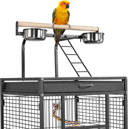 61-Inch Playtop Wrought Iron Large Parrot Bird Cages with Rolling Stand for Cockatiels Amazon Parrot Quaker Conure Parakeet Lovebird Finch Canary Small Medium Parrot Cage Birdcage, Black