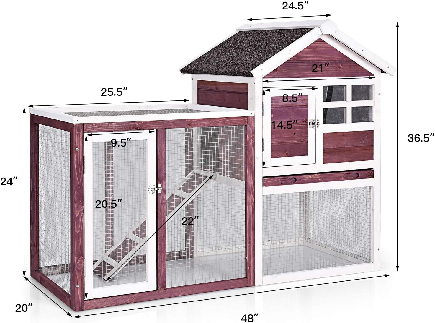 Rabbit Hutch, Indoor Outdoor Bunny Cage with Run, Wooden Rabbit Cage with Waterproof Roof & Pull Out Tray, Chicken Coop Pet House for Rabbits, Chicken and Guinea Pigs (White)