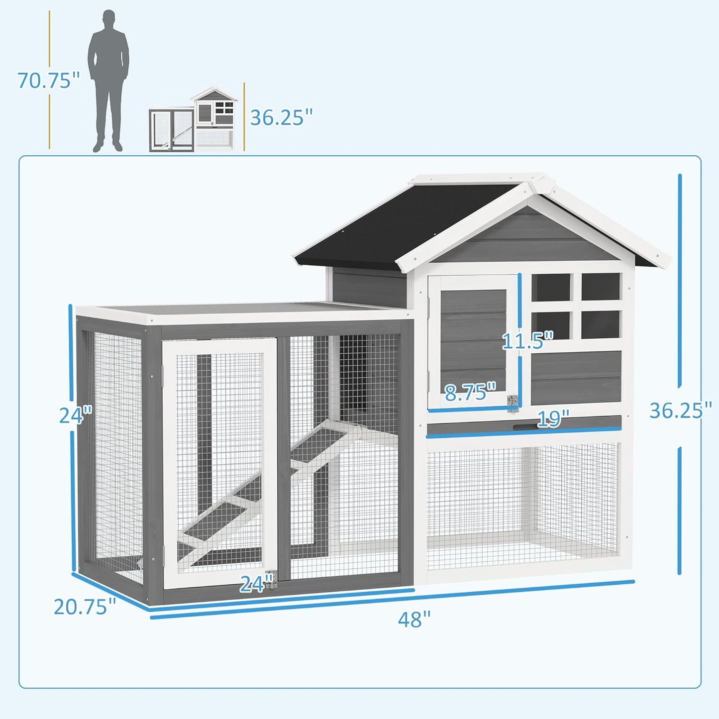 48" Wooden Rabbit Hutch Bunny Cage with Waterproof Asphalt Roof, Fun Outdoor Run, Removable Tray and Ramp, Grey