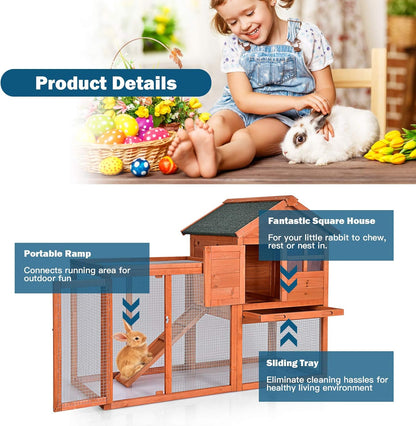 Rabbit Hutch, Indoor Outdoor Bunny Cage with Run, Wooden Rabbit Cage with Waterproof Roof & Pull Out Tray, Chicken Coop Pet House for Rabbits, Chicken and Guinea Pigs (Natural)