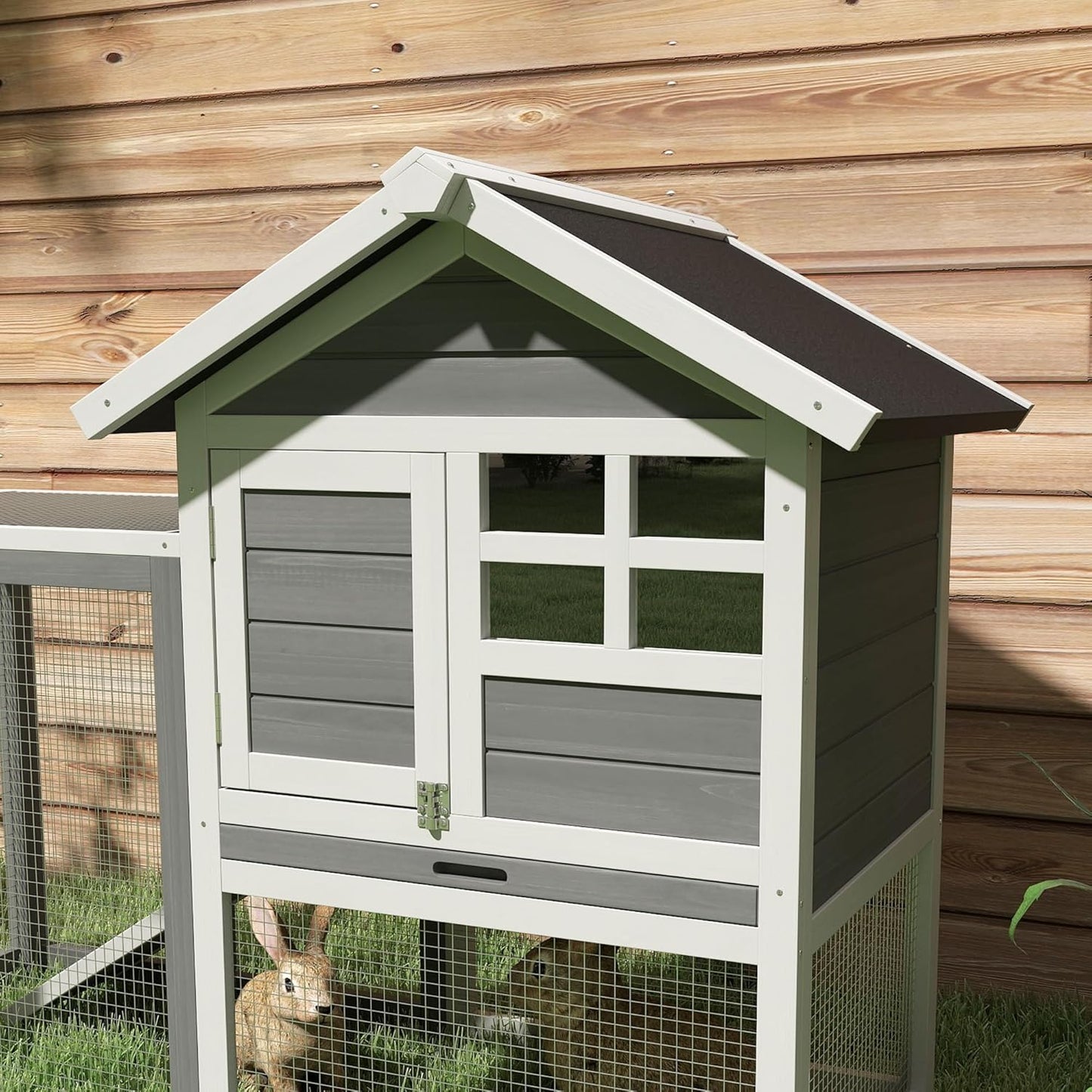 48" Wooden Rabbit Hutch Bunny Cage with Waterproof Asphalt Roof, Fun Outdoor Run, Removable Tray and Ramp, Grey