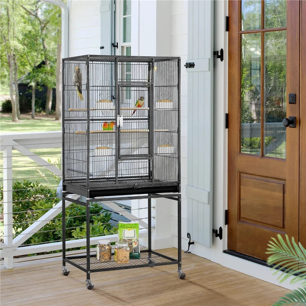 54"H Large Rolling Metal Pet Cage for Birds or Small Animal, Black