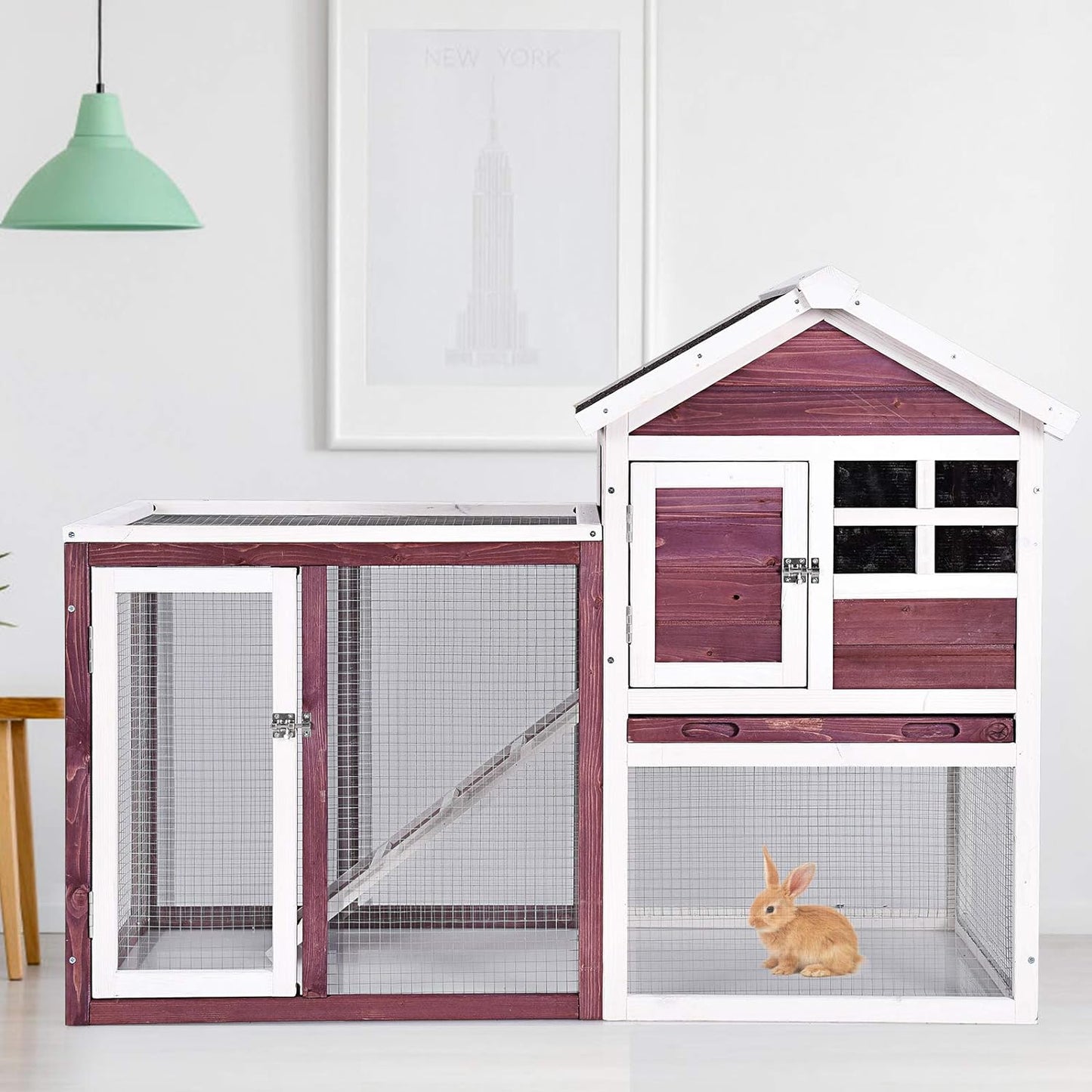 Rabbit Hutch, Indoor Outdoor Bunny Cage with Run, Wooden Rabbit Cage with Waterproof Roof & Pull Out Tray, Chicken Coop Pet House for Rabbits, Chicken and Guinea Pigs (White)