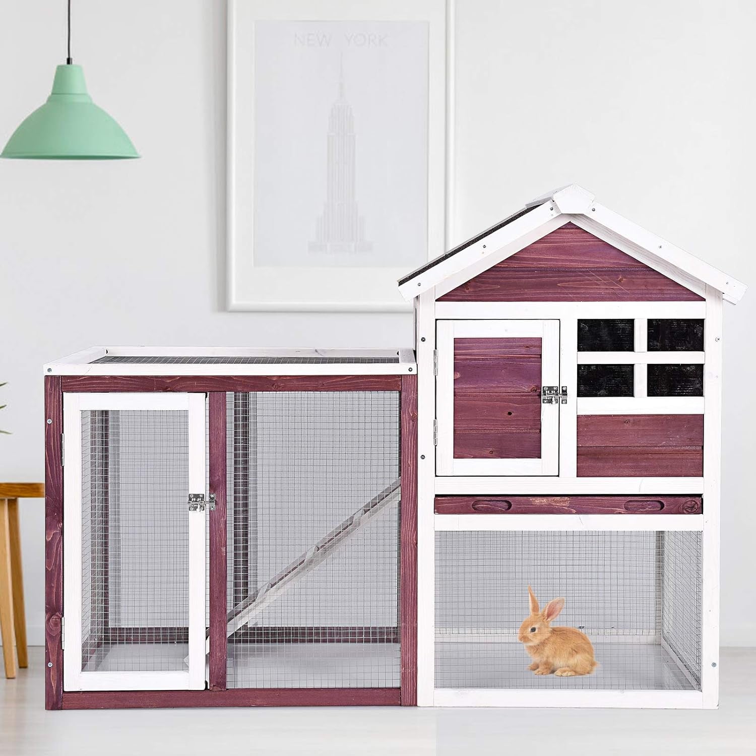 Rabbit Hutch, Indoor Outdoor Bunny Cage with Run, Wooden Rabbit Cage with Waterproof Roof & Pull Out Tray, Chicken Coop Pet House for Rabbits, Chicken and Guinea Pigs (White)