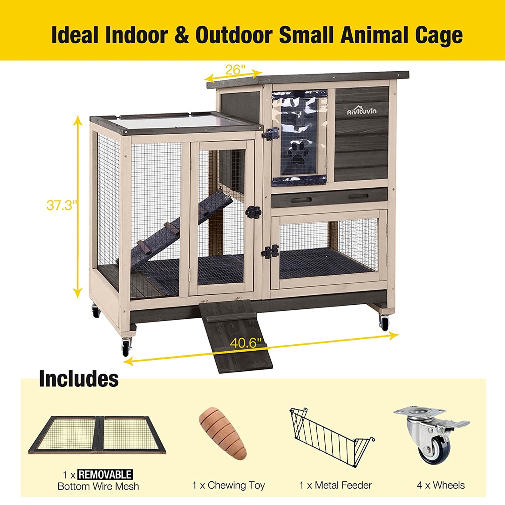 Wooden Rabbit Hutch with Two Slide Tray Outdoor Bunny Cage Indoor Guinea Pig Habitat Pet House for Small Animals - Coffee