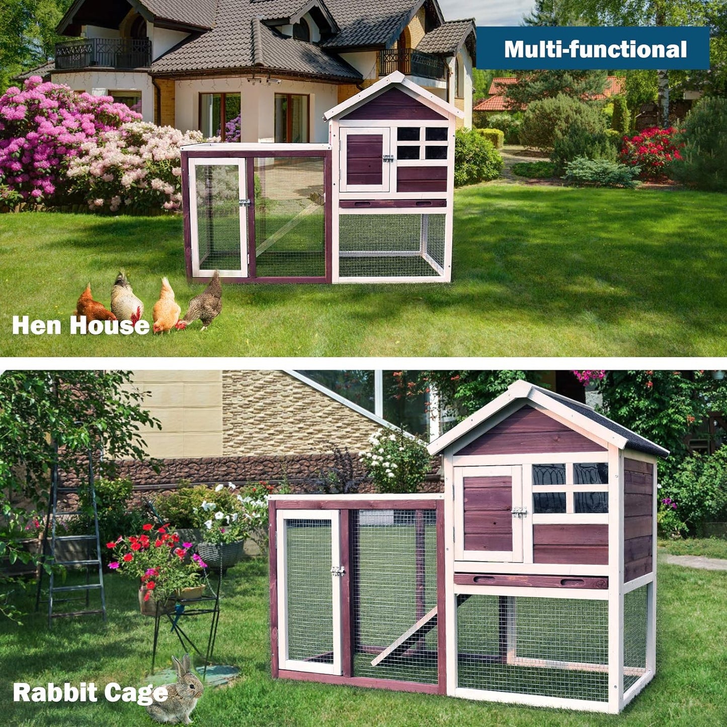 Rabbit Hutch, Indoor Outdoor Bunny Cage with Run, Wooden Rabbit Cage with Waterproof Roof & Pull Out Tray, Chicken Coop Pet House for Rabbits, Chicken and Guinea Pigs (White)