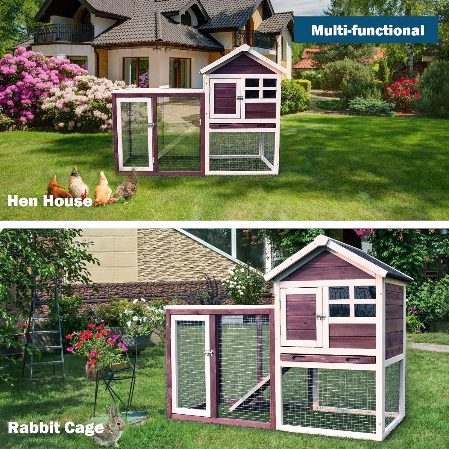 Rabbit Hutch, Indoor Outdoor Bunny Cage with Run, Wooden Rabbit Cage with Waterproof Roof & Pull Out Tray, Chicken Coop Pet House for Rabbits, Chicken and Guinea Pigs (White)