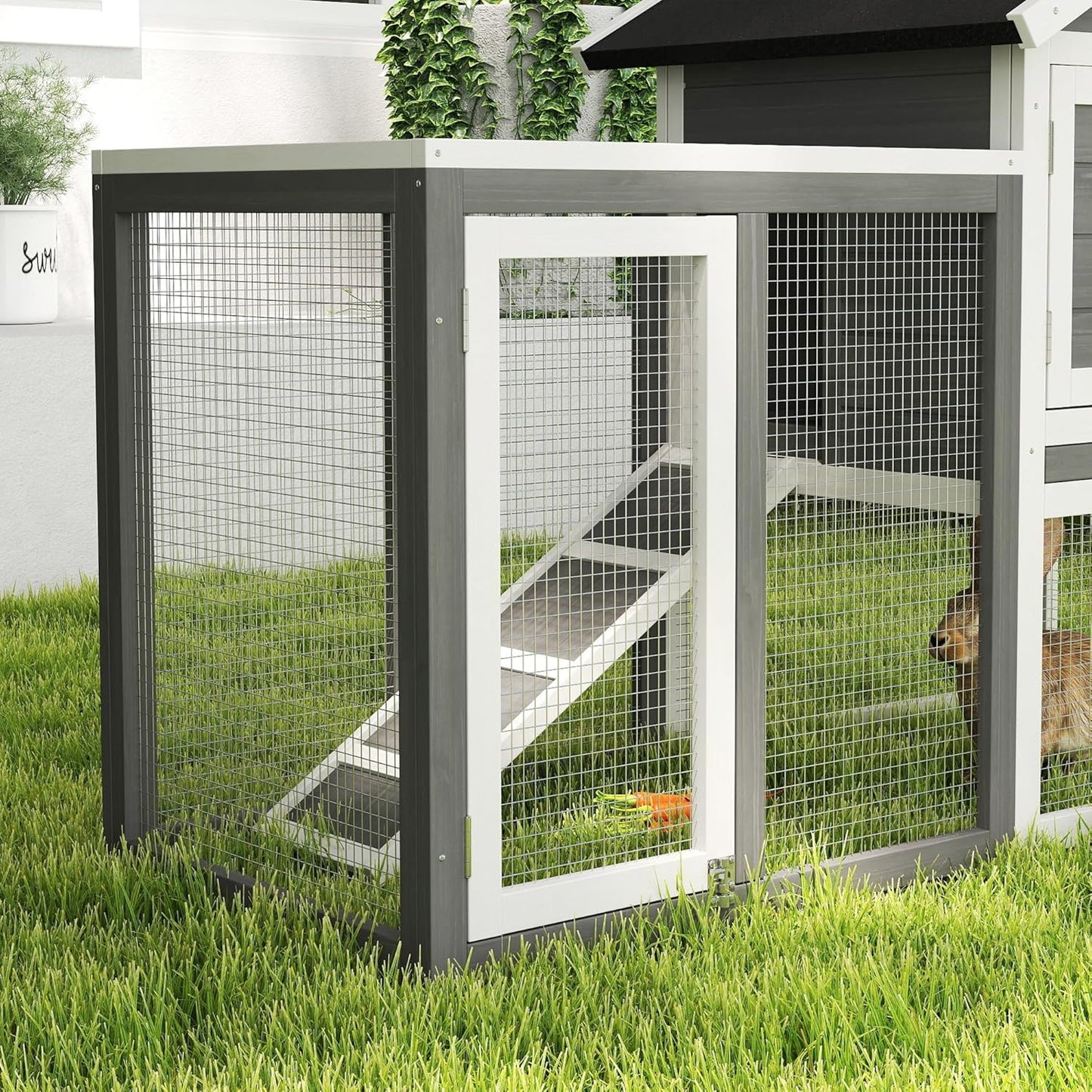 48" Wooden Rabbit Hutch Bunny Cage with Waterproof Asphalt Roof, Fun Outdoor Run, Removable Tray and Ramp, Grey