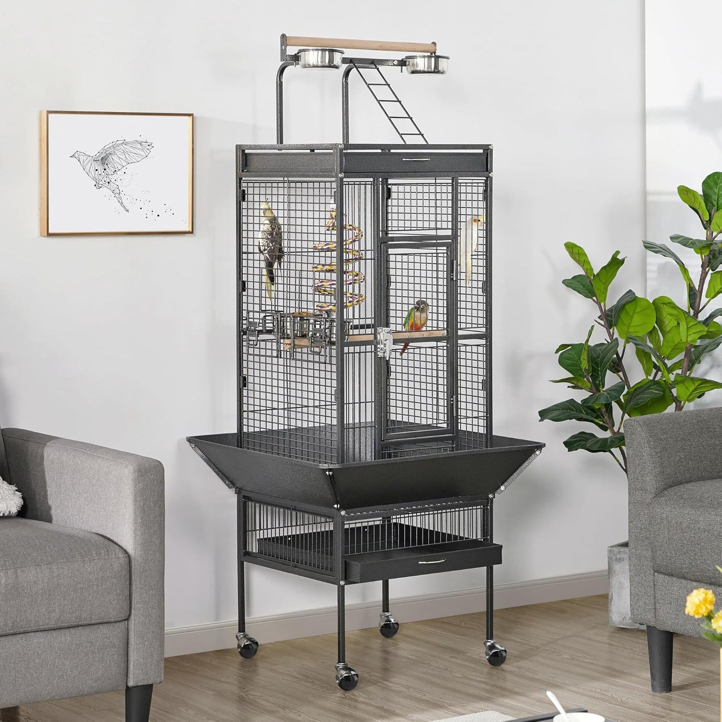 61-Inch Playtop Wrought Iron Large Parrot Bird Cages with Rolling Stand for Cockatiels Amazon Parrot Quaker Conure Parakeet Lovebird Finch Canary Small Medium Parrot Cage Birdcage, Black