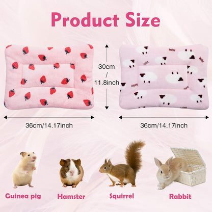 2Pcs Small Animal Plush Bed, Guinea Pig Hamster Rabbit Bed Mat for Bunny,Chinchilla,Squirrel,Hedgehog 12X14Inch (Strawberry&Sheep)