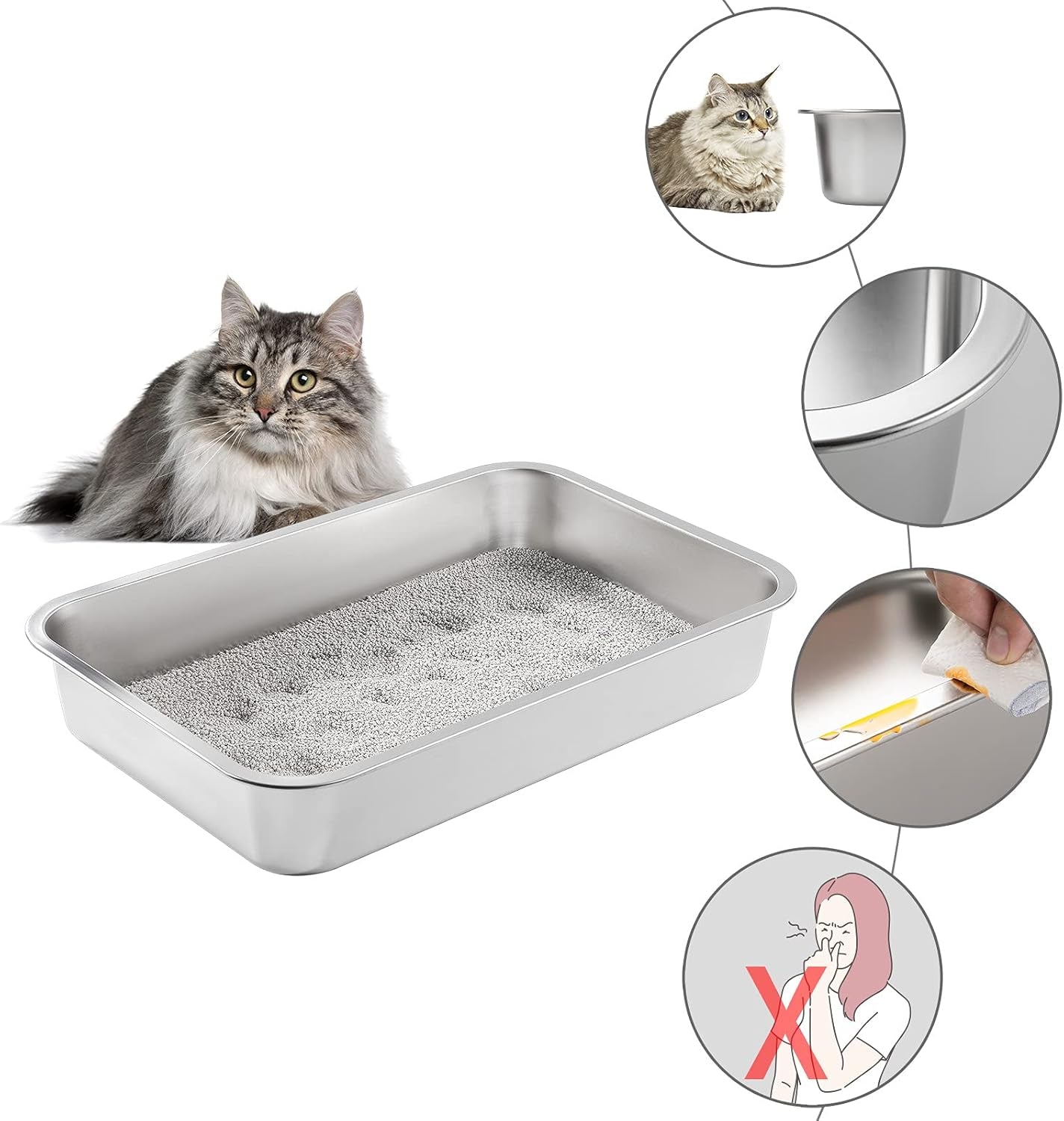 Stainless Steel Litter Box for Cat and Rabbit,Odor Control Litter Pan,Non Stick Easy to Clean,Never Bend,Rust Proof High Sides Non Slip Rubber Feets (4 Inches Deep, 24'' X 16'' X 4'')