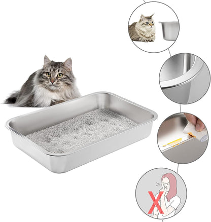 Stainless Steel Litter Box for Cat and Rabbit,Odor Control Litter Pan,Non Stick Easy to Clean,Never Bend,Rust Proof High Sides Non Slip Rubber Feets (4 Inches Deep, 24'' X 16'' X 4'')