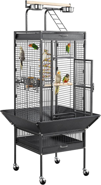 61-Inch Playtop Wrought Iron Large Parrot Bird Cages with Rolling Stand for Cockatiels Amazon Parrot Quaker Conure Parakeet Lovebird Finch Canary Small Medium Parrot Cage Birdcage, Black