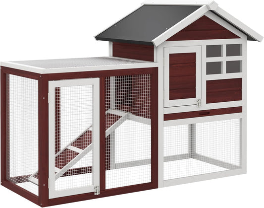 48" Wooden Rabbit Hutch Bunny Cage with Waterproof Asphalt Roof, Fun Outdoor Run, Removable Tray and Ramp, Brown