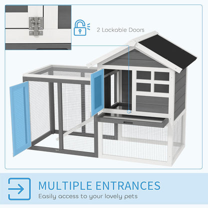 48" Wooden Rabbit Hutch Bunny Cage with Waterproof Asphalt Roof, Fun Outdoor Run, Removable Tray and Ramp, Grey