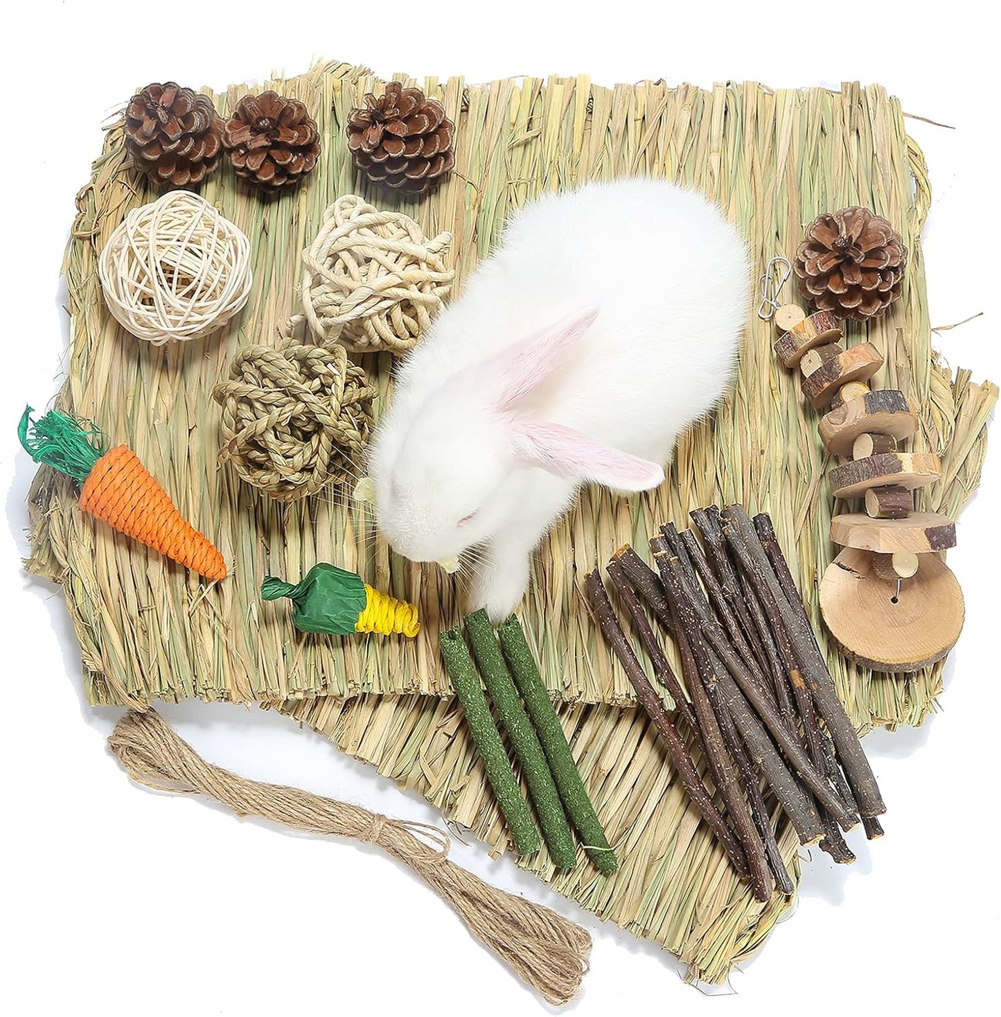 Bunny Grass Mat with Small Animal Chew Toys Woven Bed Mat for Small Animals Rabbit Bedding Nest Chew Toy Bed Play Toy for Rabbits Chinchilla Hamsters Guinea Pigs Gerbils Groundhog…