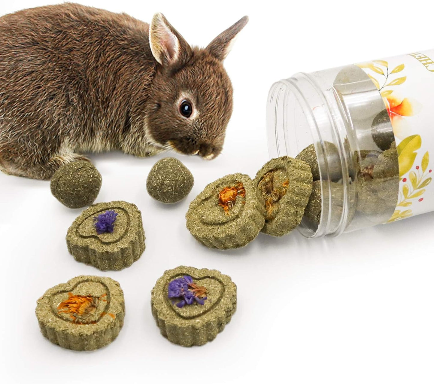 Rabbit Chew Toys, Small Animal Treats Natural Timothy Grass Chew Toys, Grass Cake&Grass Ball Pet Snacks Molar Teeth Grinding Toy Chewing for Chinchillas Hamsters Guinea Pig Dwarf Rabbit Gerbils(H01)