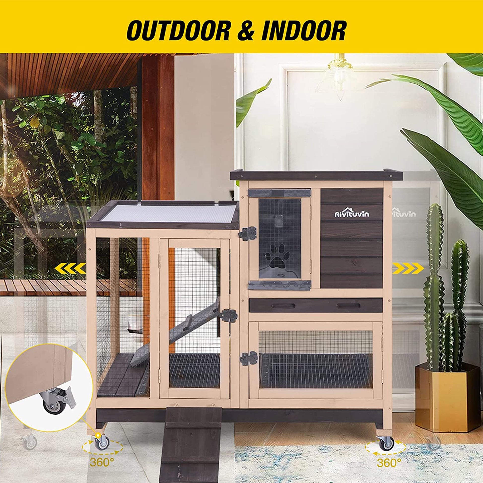 Wooden Rabbit Hutch with Two Slide Tray Outdoor Bunny Cage Indoor Guinea Pig Habitat Pet House for Small Animals - Coffee